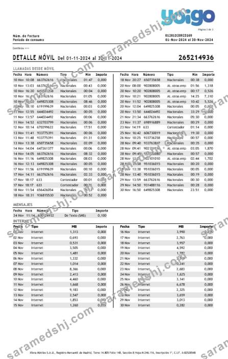 Spain Yoigo internet business utility bill in Word and PDF formats, 3 page